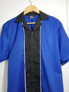 Men's HILTON Bowling Shirt SMALL Black Blue Retro Button Up Bowler League Retro - Picture 1 of 7