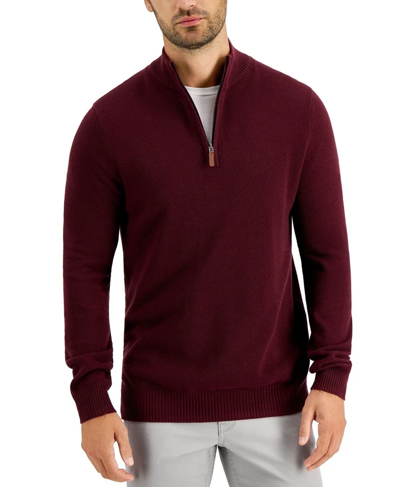 Suéter Pullover Club Room Para Hombre Cuarto de Cremallera Algodón Texturizado Rojo Ciruela XXL Foto 1 de 1
