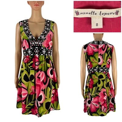 Vestido Nanette Lepore para mujer 8 100 % seda floral sin mangas acampanado con cuentas usado en excelente estado Foto 1 de 4