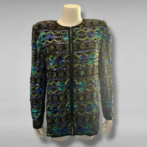 Vintage XL Laurence Kazar Silk Black Blue Sequin Beaded Blouse Holiday Top - Picture 1 of 11