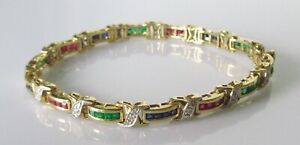 Gold Diamond Bracelet - 9ct Gold Ruby Emerald Sapphire Diamond Link Bracelet 