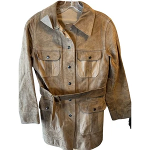 Markenlos Damen M Braun Langarm Button Down Gürtel Wildleder Lederjacke - Bild 1 von 23