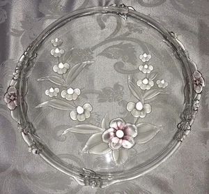 VTG MIKASA TOSCA BLOSSOM TIME HANDLED TORTE CAKE PLATE EMBOSSED PINK FLOWERS EUC - Picture 1 of 9