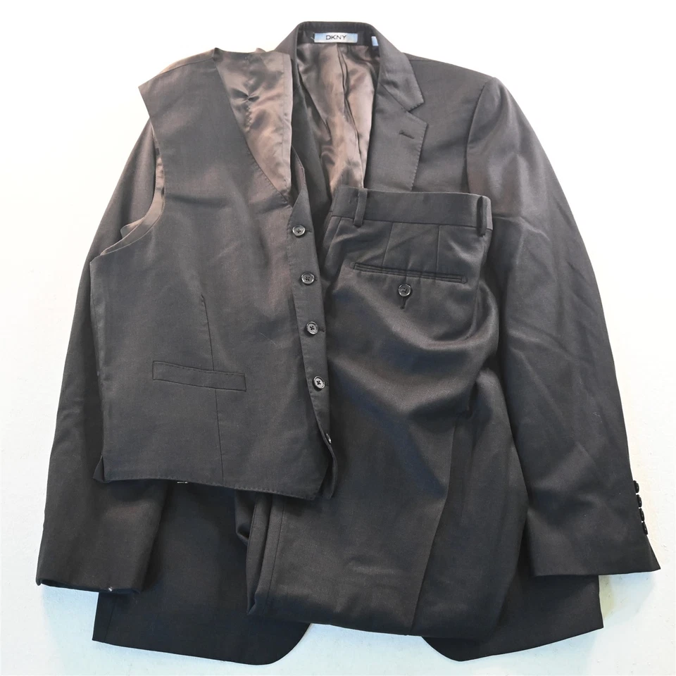 DKNY 40R 33x30 Gris 100% Lana 3 Piezas Hombre Chaleco Chaqueta Pantalones Traje Foto 1 de 4