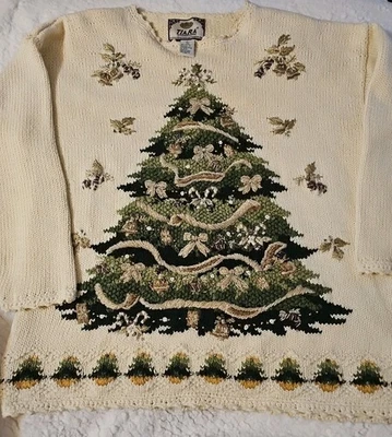 Tiara International Vintage Cream Christmas Tree Embellished Sweater Size L - Image 1 of 4
