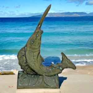 Vintage Brass Metal Marlin Swordfish Fish Doorstop Bookend Sculpture Paperweight - Picture 1 of 8