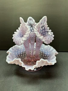 Vintage Fenton French Pink Opalescent Hobnail 3-Horn Epergne-Free Shipping - Picture 1 of 8
