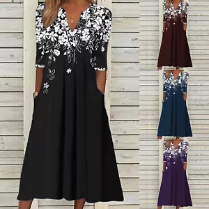 Womens Short Sleeve Pleated Midi Dress Ladies Casual Baggy Print Swing Dresses - Picture 1 of 36