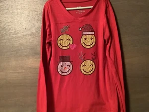 JUSTICE Happy Holidays Smiley Face Red Tee TOP SIZE 12 LONG SLEEVE - Picture 1 of 6