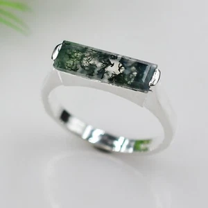 Natural Moss Agate Ring Sterling Silver Ring Solitaire Ring Rectangle Bar Ring - Picture 1 of 4