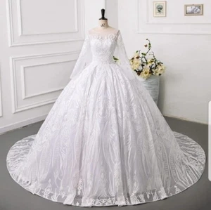 UK White/Ivory Long Sleeve Beaded Sequince Lace A Line Wedding Dresses Size 6-22 - Picture 1 of 7