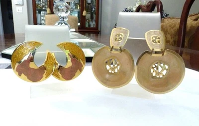VINTAGE EDGAR BEREBI 2 7/8" & 2" LARGE ENAMEL CUT-OUT EARRINGS LOT GROUP OF 2 - Image 1 of 4