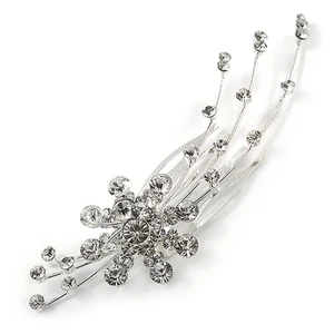 Bridal/ Wedding/ Prom/ Party Silver Tone Clear Austrian Crystal Floral Side - Picture 1 of 4