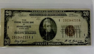 1929 $20 Twenty Dollar Brown Seal Federal Reserve Bank Minneapolis Note Ripped - Picture 1 of 3