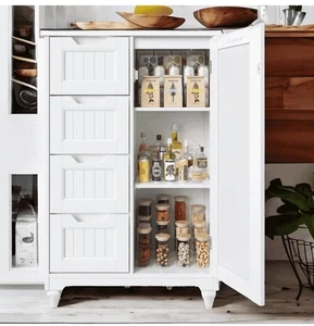 Pantry Storage Cabinet, 33" White Wood Kitchen Pantry Storage Cabinet 4 Drawers - Picture 1 of 7