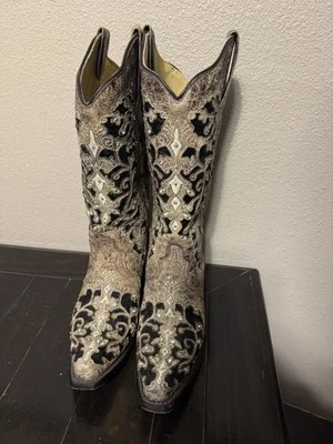 Botas Corral Lentejuelas Incrustación Puntera Cuadrada Vaquero Mujer Marrón Vestido Botas 8m Foto 1 de 4