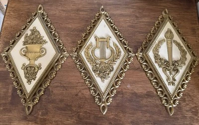 复古 Homco 墙板钻石黄金奶油好莱坞摄政 3 件套 — 第 1/4 张图片