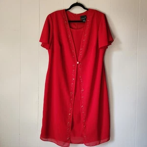 Vintage 90er Scarlett Minikleid Damen Plus 16 rote Perlenborte Flatterärmel 2-teilig - Bild 1 von 13