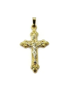 14K Yellow & White Two tone Gold Cross Crucifix Charm Necklace Pendant ~ 1.0 - Picture 1 of 4
