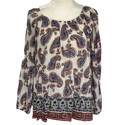 NUEVO CON ETIQUETAS Blusa Chaps Beige Rojo Azul Paisley Elástico Cuello Redondo Pequeño Campesino Top Foto 1 de 4