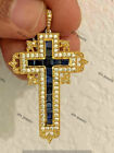 Deco Pendant 14K Yellow Gold Plated 3.00 Ct Simulated Sapphire Holy Cross Art