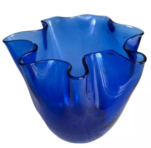 Mundgeblasene große Kunstglas Vase Kobaltblau Taschentuch Polen 8 1/2" - Bild 1 von 9