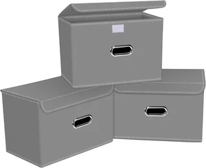 Linen Fabric Foldable Collapsible Storage Cube Bin Organizer Basket with Lid, Le - Picture 1 of 12