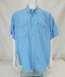 Columbia Sport Wear Sword Fish Logo Men's Short Sleeve Button Up Shirt Blue L - Picture 1 of 10