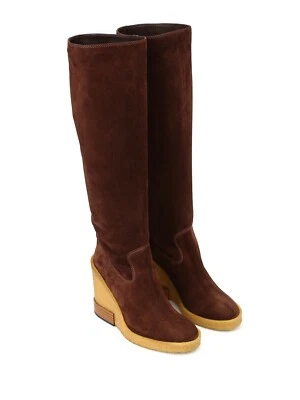 $1000 TOD'S SZ 37.5 US 7.5 (&) Brown KNEE-HIGH SUEDE Leather WEDGE BOOT  Chunky - Image 1 of 4