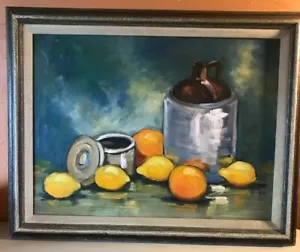 Original Vintage STILLLEBEN "Citrus Gold" signiert Bogenschütze 17x24, gelbe Zitronen/blau - Bild 1 von 6