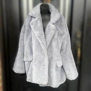 Free People Large with FLAWS Kate Faux Fur Coat Sky Blue Jacket BOHO OB912466 - Picture 1 of 16