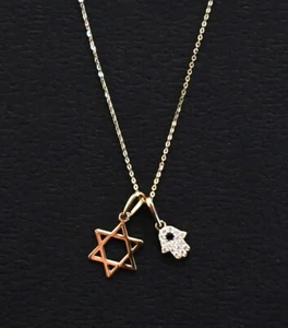 Nuevo Collar Colgante ORO AMARILLO 14K ESTRELLA DE DAVID & HAMSA con Piedras Circonita - Imagen 1 de 14