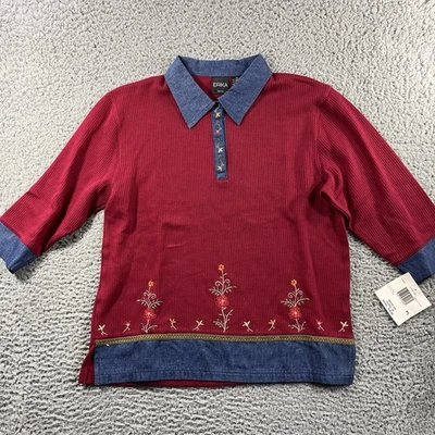 CAMISA ERIKA MUJER PETITE GRANDE ROJA AZUL FLORAL BORDADA BOTÓN A PRESIÓN NUEVA CON ETIQUETAS NUEVA Foto 1 de 4