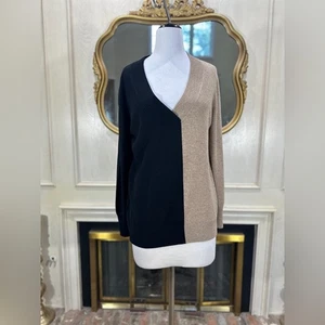Akris Punto Wool Cashmere Sweater Colorblock V-Neck US 14 Black Tan - Picture 1 of 11