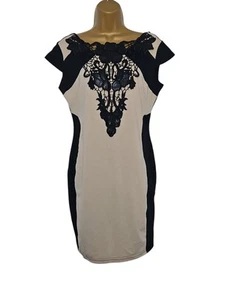 Vestido Elite99 para mujer beige y negro con ribete de encaje manga gorra talla 14 Reino Unido - Imagen 1 de 14
