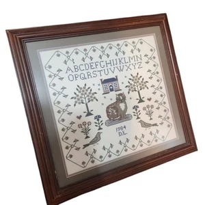 Vintage Cross Stitch Sampler 1984 Cat Alphabet Framed Needlework Quaker - Picture 1 of 6