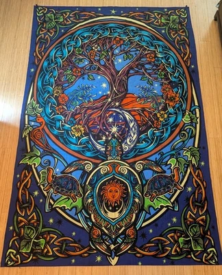 Black Light Tapestry Wall Hanging  Hippie Psychedelic 59x88 Tree Of Life Turtle  - Image 1 of 4