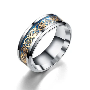 MENDEL Mens Celtic Blue Stainless Steel Dragon Wedding Band Ring For Men Women - Picture 1 of 13
