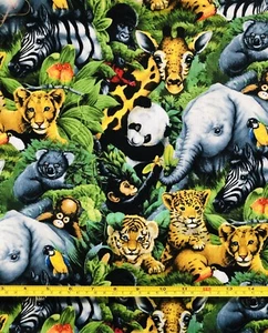 Baby Zoo Elephant Tigers Panda Animals Zebra Cotton Fabric 18"x 21" Fat Quarter - Picture 1 of 1