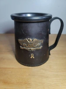 Vintage Leather Casing Real Hide With Ceramic Mug Brass Crest- made In England. - Picture 1 of 7