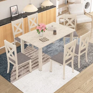 Solid Wood Dining Set Kitchen Table Set Dining Room 1 Table and 6 Chairs Bedroom - Picture 1 of 12