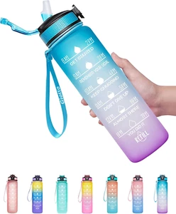 32Oz Large Leakproof BPA Free Drinking Water Bottle with Time Marker and Straw t - Picture 1 of 12