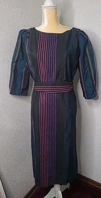 VTG 70s 80s Stripe Secretary Shirt Dress Back V Buttons Sash Belt Size 13 - Image 1 of 4