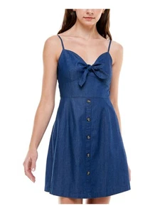 Rosie Harlow Womens Denim Bow-front Spaghetti Strap Short Fit + Flare Dress - Picture 1 of 9
