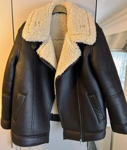 Ladies M&S Aviator style warm winter mid length jacket, brown/beige, Size 14 - Picture 1 of 5