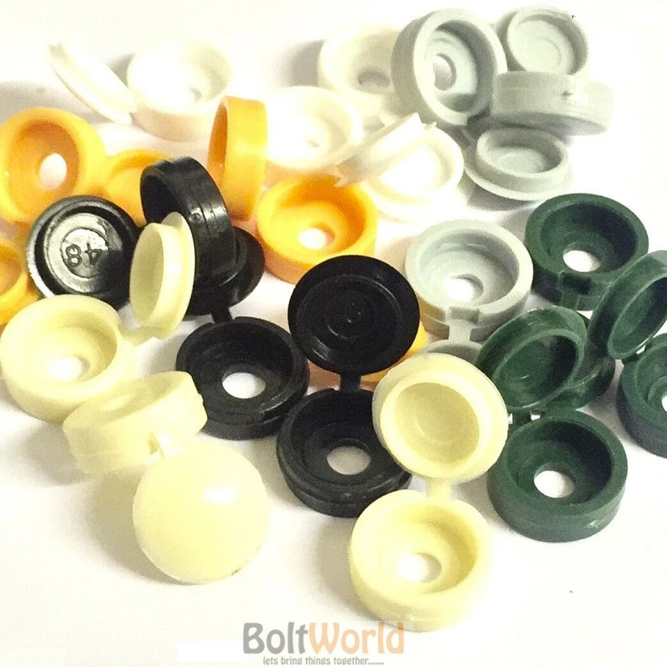 BOLT WORLD BLACK YELLOW WHITE LIGHT DARK GREY BROWN SMALL PLASTIC HINGED SCREW COVER CAPS