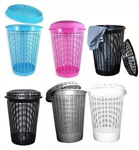 Circular Plastic Laundry Linen Washing Basket Bin Storage Hamper With Lid 6Color