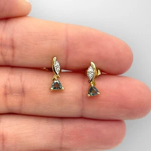 Gold Earrings Green Tsavorite Diamond 9carat Yellow White Gold Drop Hallmarked - Picture 1 of 5