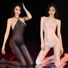 Women Sheer Satin Halter Shiny Jumpsuit Catsuit Ultra Soft Crochless Body Tights