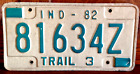 Indiana 1982 Green White Metal Expire License Plate Tag 81634Z Trail 3 Trailer